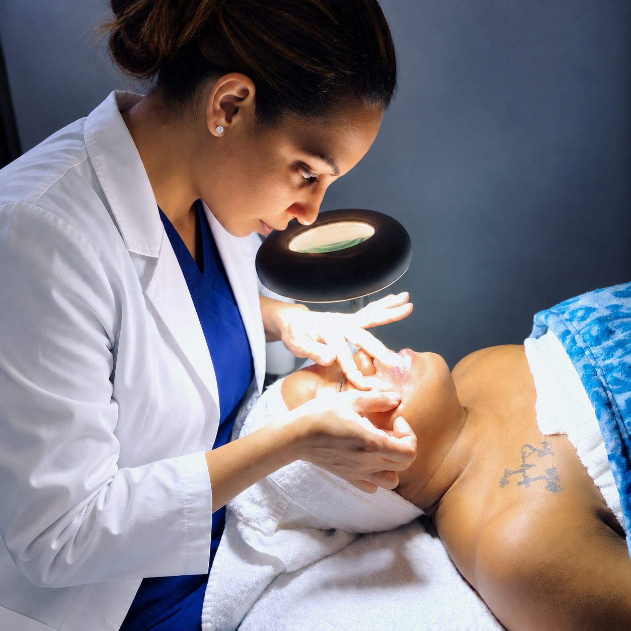 A person uses both hands on a client’s face beneath a magnifying lamp.