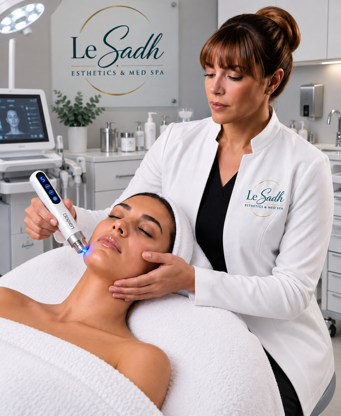 A handheld device is held near a client’s lower face.