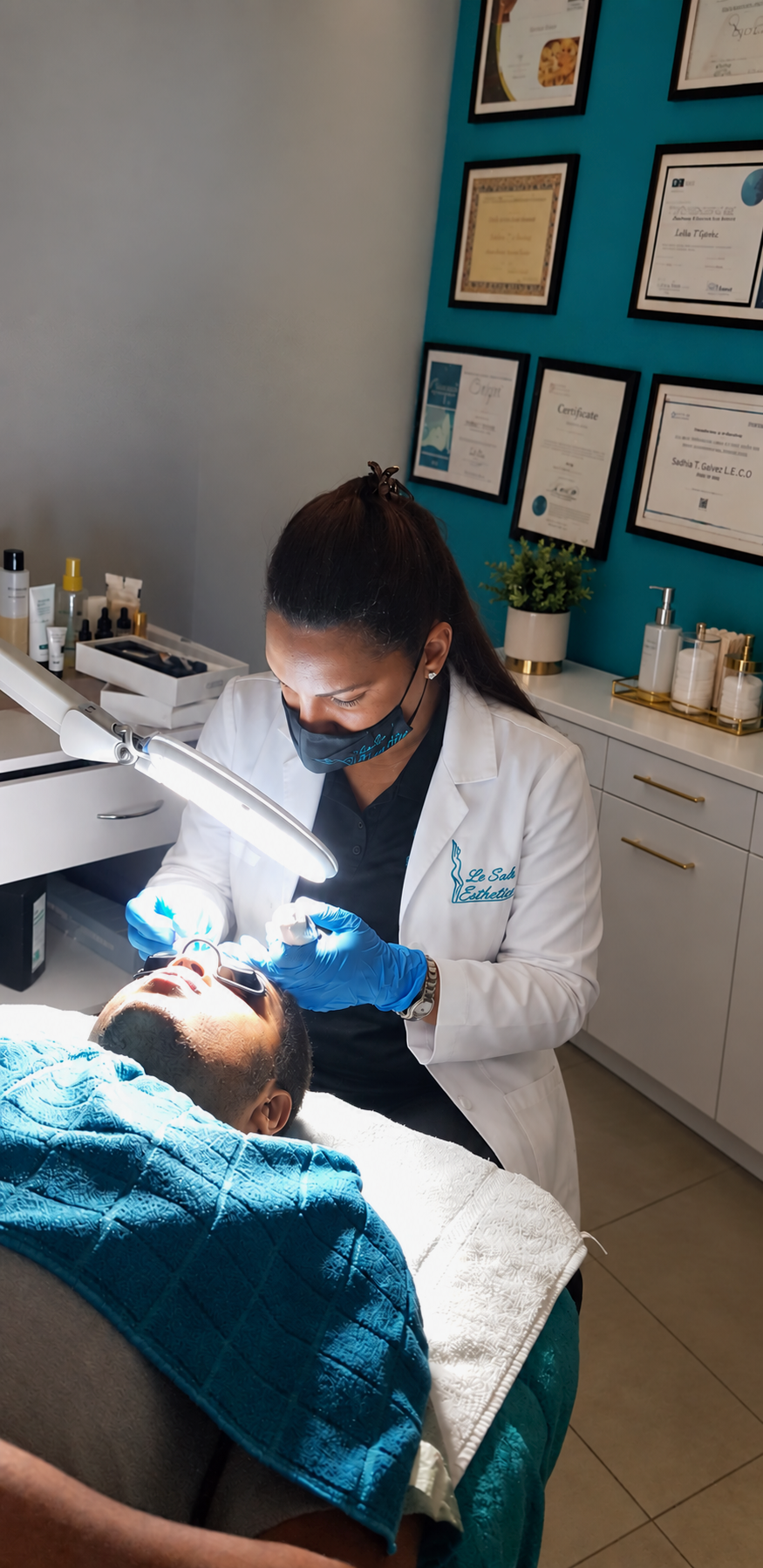 A masked person in a white coat works near a reclining client's face under a treatment lamp.