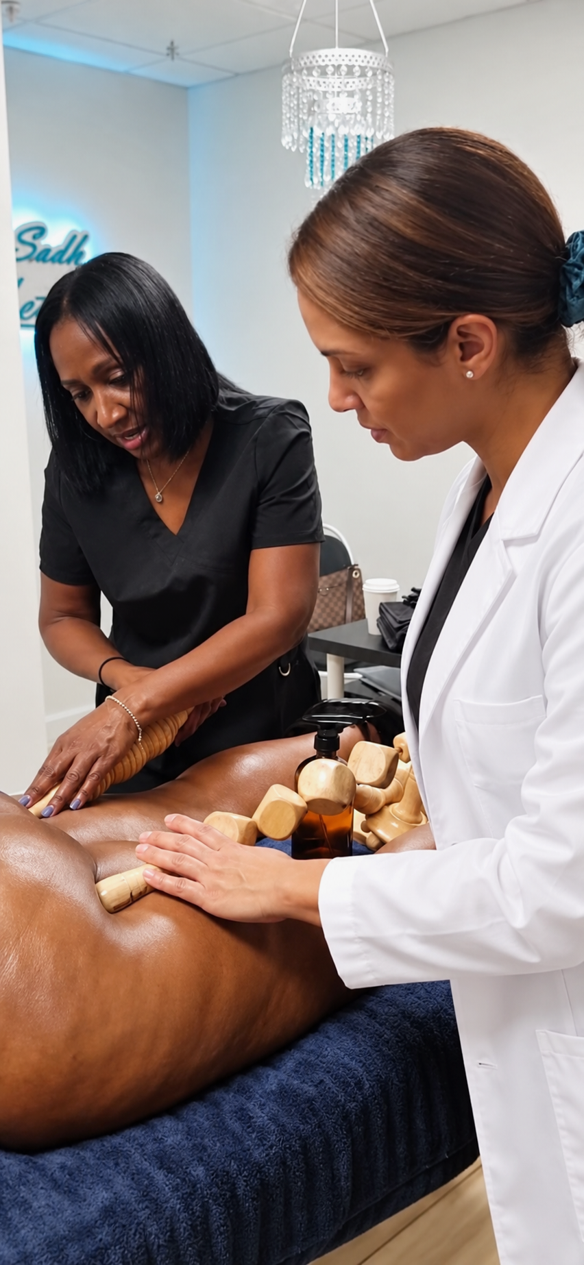 Two people use wooden massage tools beside a treatment table.